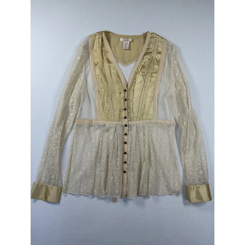 Sundance Lace Satin Lady Jane Blouse Sz 8 Cream Gold Romantic Mesh Peplum Top - Picture 13 of 14